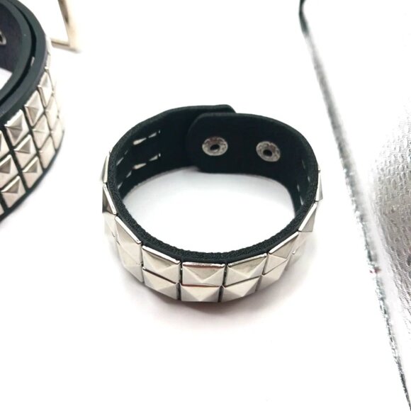 Gothic Studded Vegan Leather Belt + Double Row Studded Bracelet Unisex -Black - Picture 5 of 12